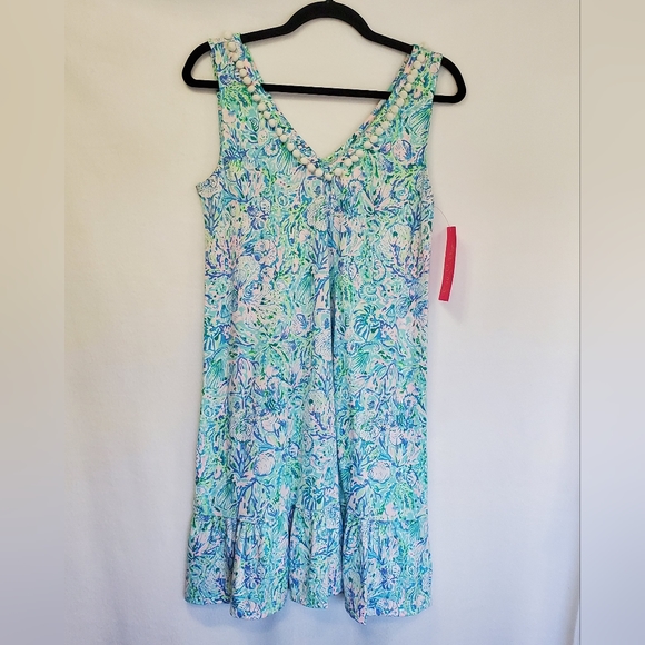 NEW Lilly Pulitzer Camilla Dress Small Surf Blue Soleil‎ Pom Pom Ruffle Easter S - Picture 3 of 14